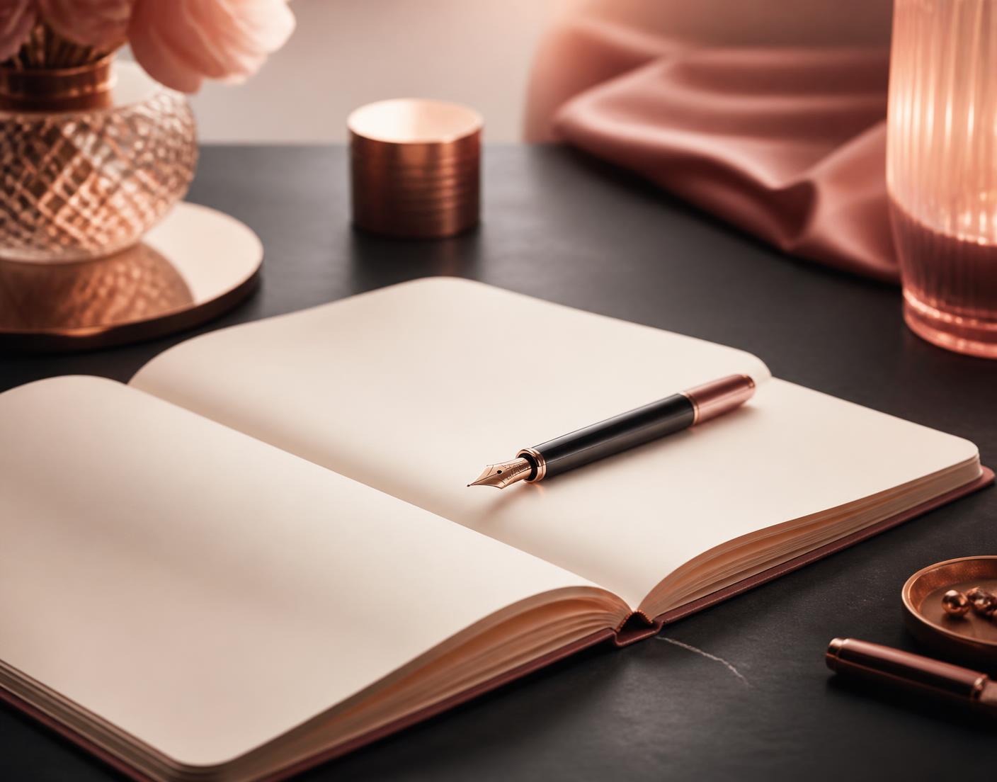 An open notebook and fountain pen on a desk